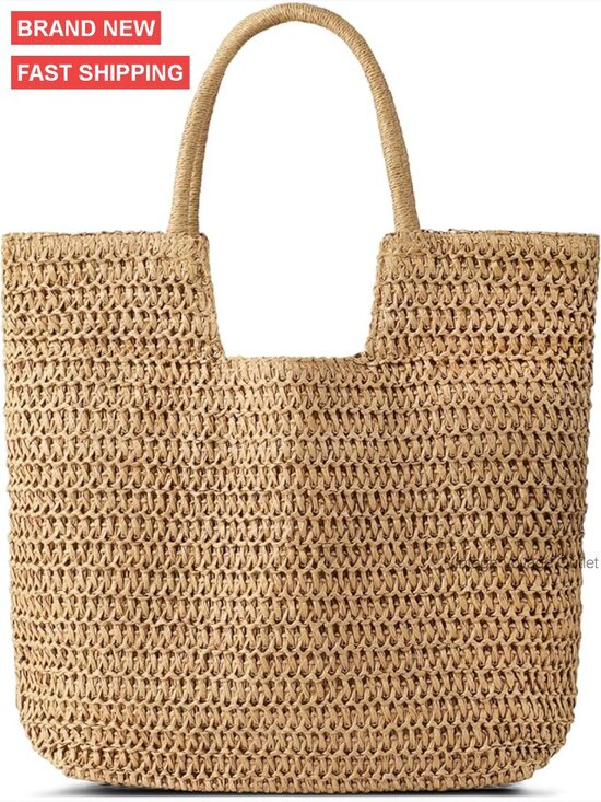 Handbags - Large Straw Tote Bag for Women, Woven Beach Bag with Zipper, Lightweight